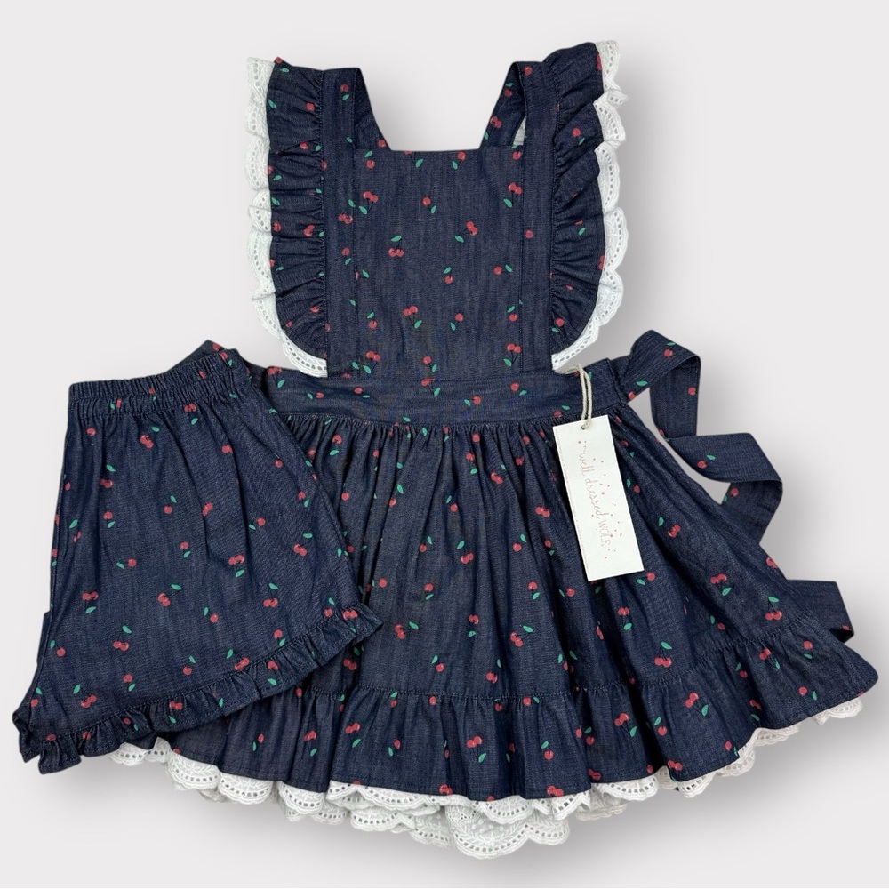 Sz 7 Well Dressed Wolf “Earth Day” cherries Naomi tunic pinafore and shorts set